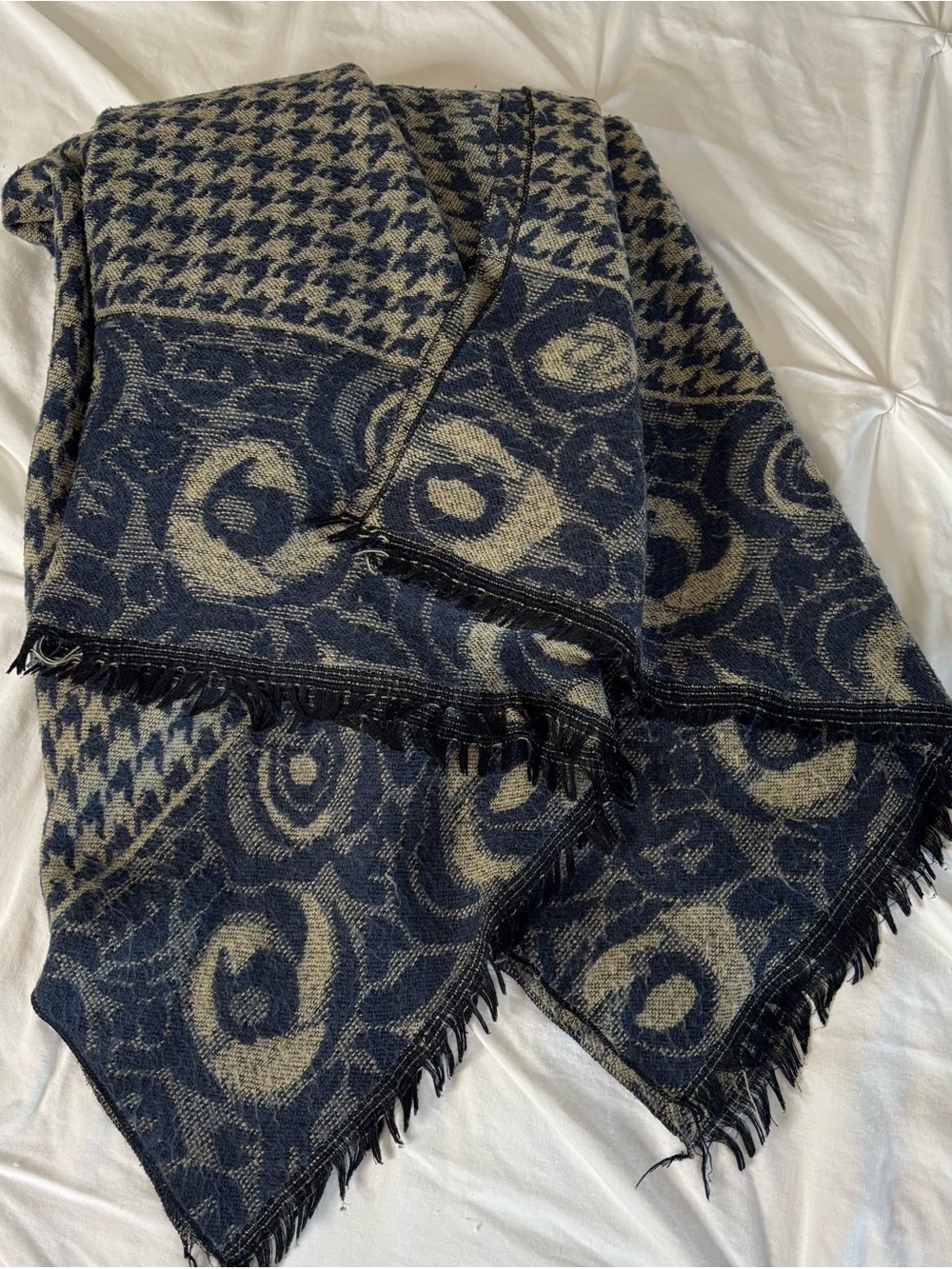 Woven Fringe Cape Jacket in Navy and Cream